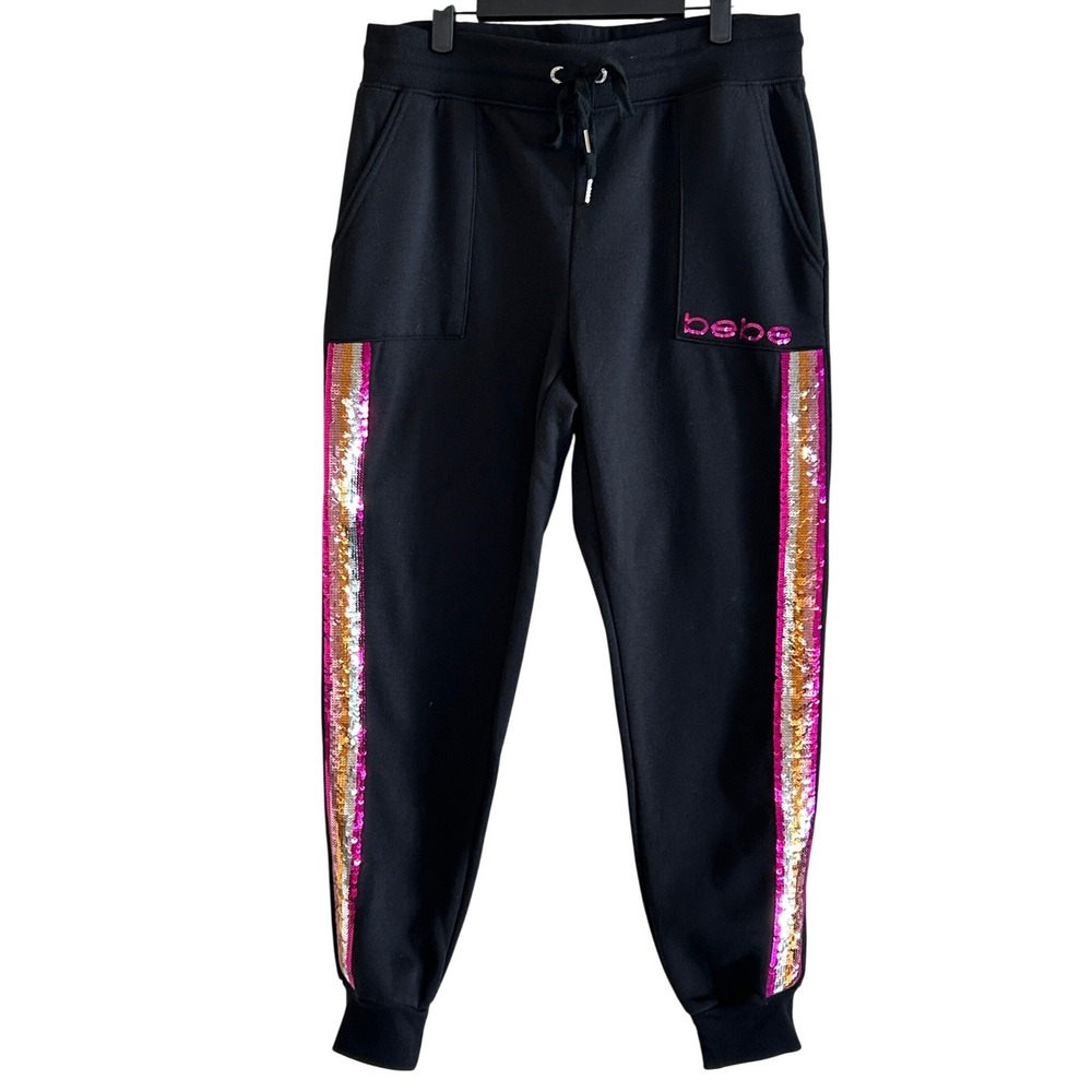 Bebe Sport Womens Black Sequin Stripe Jogger Sweatpants Pink Logo Size Medium